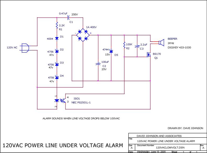 
Low Voltage 120VAC Power Line Alarm Circuit designed

 by Dave Johnson, P.E. (June 30, 2006)