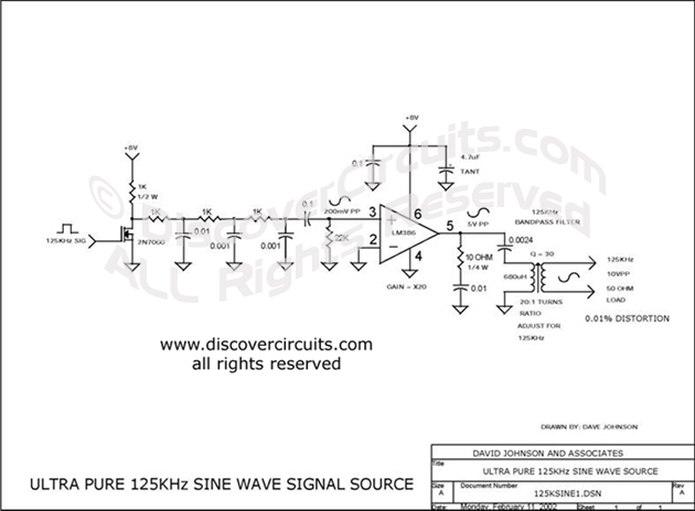 Circuit Sine Wave Signal Source circuit designed by David A. Johnson, P.E. (Feb 11, 2002)