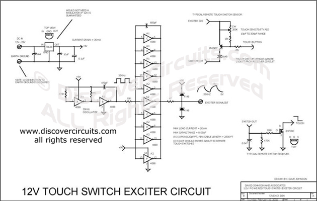 
12V Touch Switch Exciter Circuit designed

 by David Johnson, P.E. (feb 10, 2002)