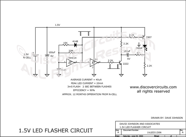 Circuit 1.5V LED Flasher Circuit designed by David Johnson, P.E.