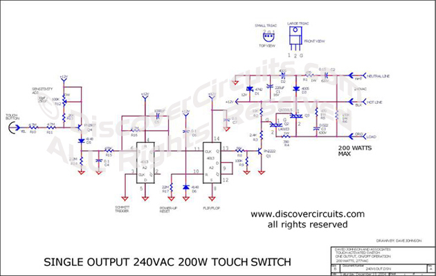 Circuit Single Output240VAC 200W Touch Switch designed by Dave Johnson, P.E. (Dec 18, 2004)