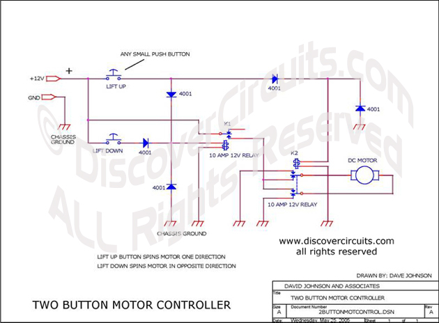 
Two Button Motor Controller , Circuit designed by David A. Johnson, P.E. (May 25, 2005)