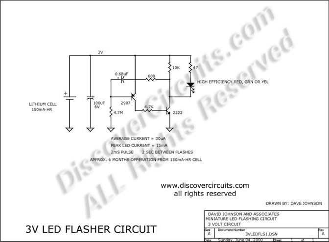 Circuit 3V LED Flasher Circuit designed by Dave Johnson, P.E. (June 4, 2000)
