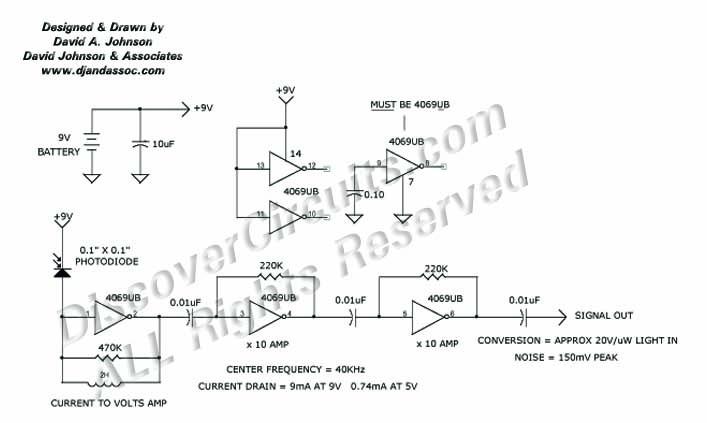 
40KHz Modulated Light Receiver Circuit designed

 by Dave Johnson, P.E. (June 4, 2000)