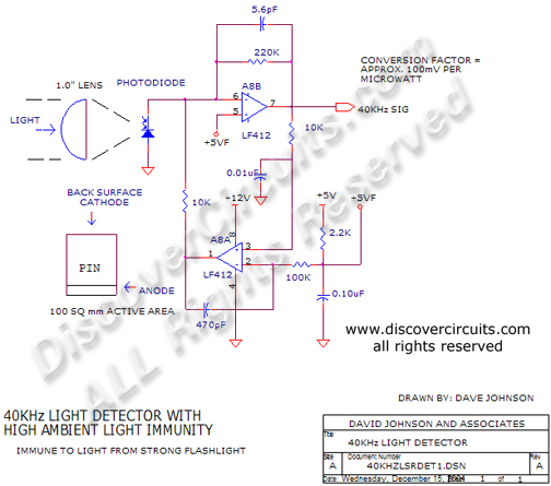 Circuit 40Hz Light Detector with High Ambient Light Immunity designed by David A. Johnson, P.E. (Dec 15, 2004)