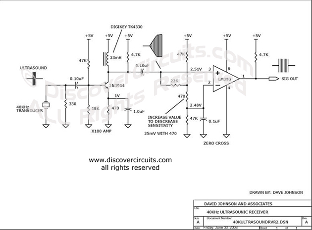 
40KHz Ultrasound Receiver Circuit designed

 by David Johnson, P.E. (June 30, 2006)