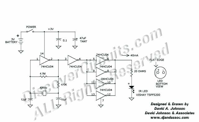 
40KHz LED Test Signal Generatorr , Circuit designed by David A. Johnson, P.E. (March 12, 2002)