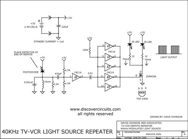 
40KHz TV-VCR Light Source Repeater , Circuit designed by David A. Johnson, P.E. (June 4, 2000)