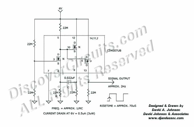 Circuit Micro Power Oscillator designed by David A. Johnson, P.E.  (June 3, 2000)
