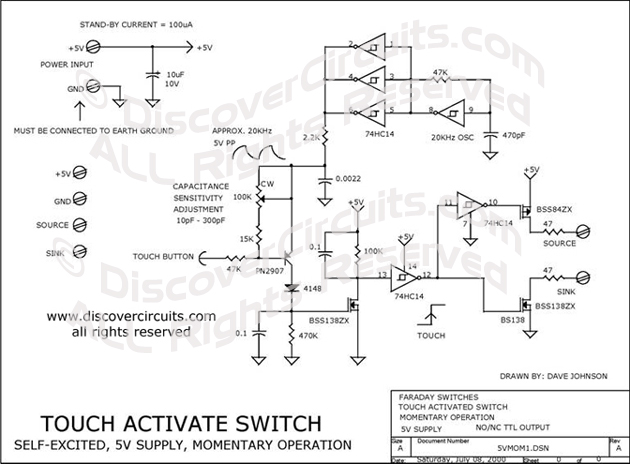 
Touch Activate Switch , Circuit designed by David A. Johnson, P.E. (July 8, 2000)