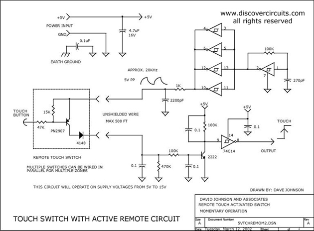 Circuit Touch Switch with Active Remote Circuit designed by David Johnson, P.E. (March 12, 2002)
