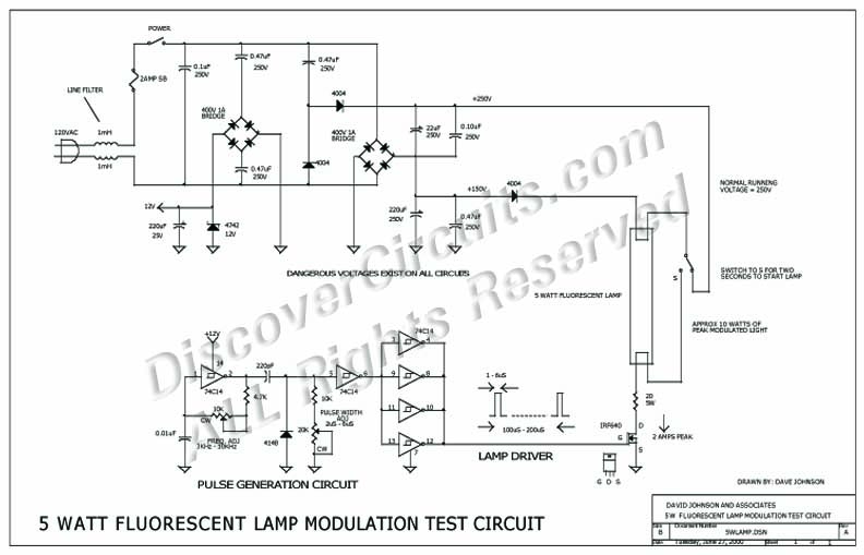 Circuit 5 Watt Fluoresent Lamp Modulation Test Circuit designed by Dave Johnson, P.E.