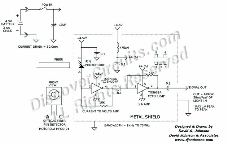 Circuit 75MHz Optical Fiber Light Probe designed by David A. Johnson, P.E. (June 11, 2000)