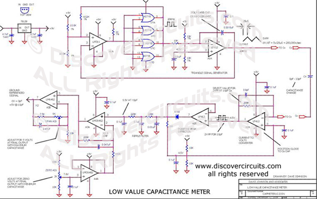 Circuit Low Value Capacitance Meter designed by David Johnson, P.E. 