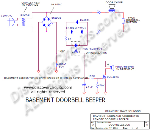 
Basement Doorbell Beeper Circuit designed

 by Dave Johnson, P.E. (July 17, 2005)