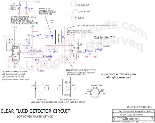 Circuit Clear Fluid Detector Circuit designed by David Johnson, P.E. (Oct 24, 2005)