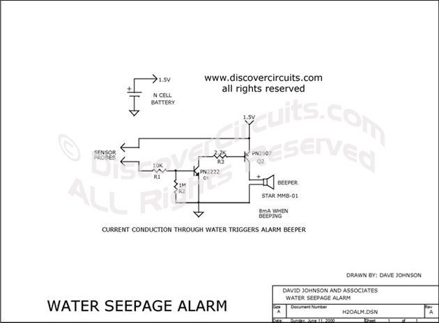 Circuit Water Seepage Alarm designed by David A. Johnson, P.E. (June 11, 2000)