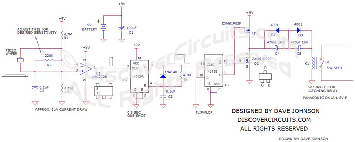 Piezeoelectric Tap Relay circuit, designed by Dave Johnson, PE