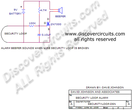 
Security Loop Alarm Circuit designed

 by David Johnson, P.E. (June 30, 2006)