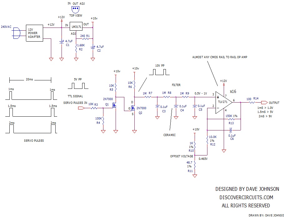 Servo Pulse to Voltage Converter circuit , Circuit designed by David A. Johnson, P.E., October 7, 2012