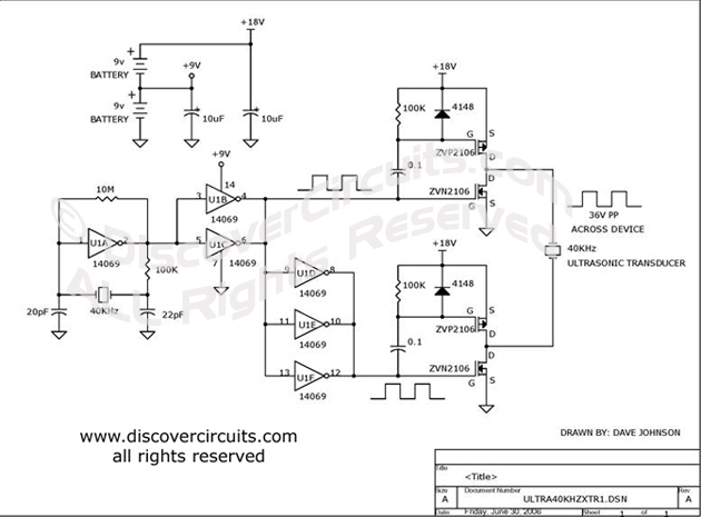 
Medium Power 40KHz Ultrasound Transducer Driver , Circuit designed by David A. Johnson, P.E.