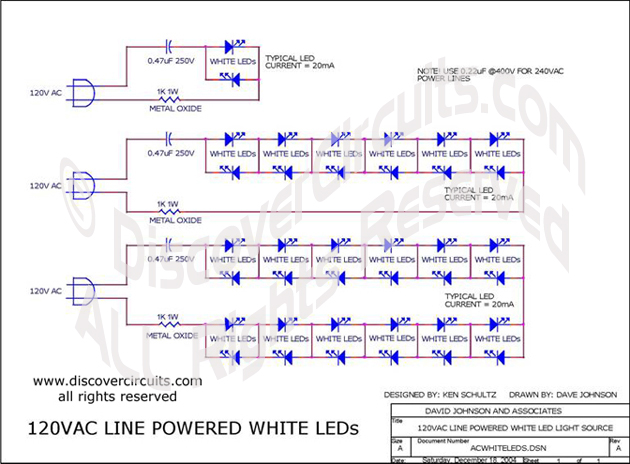 
120VAC Line Powered White LEDs designed

 by Dave Johnson, P.E.  (Dec 18, 2004)