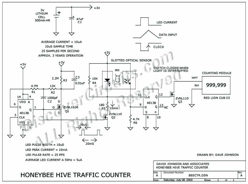 Circuit Honeybee Hive Traffic Counter designed by David A. Johnson, P.E. (July 8, 2000)