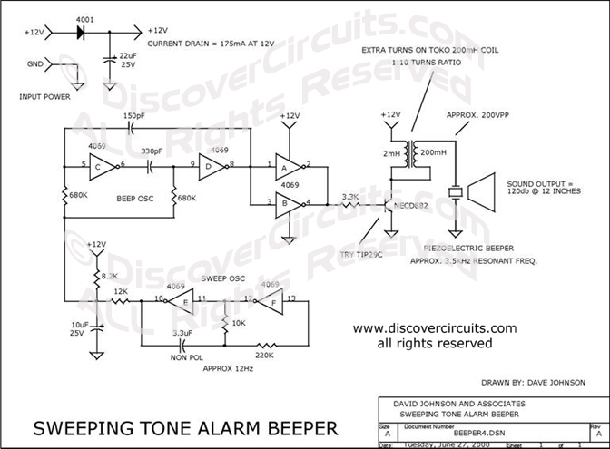 Circuit Sweeping Tone Alarm Beeper designed by David A. Johnson, P.E. (June 27, 2000)