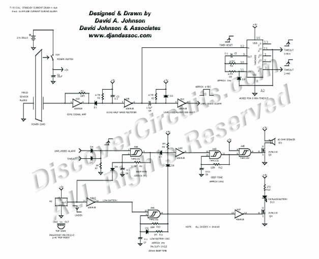 
Unplugged Power Cord Alarm , Circuit designed by David A. Johnson, P.E., 7/8/2000