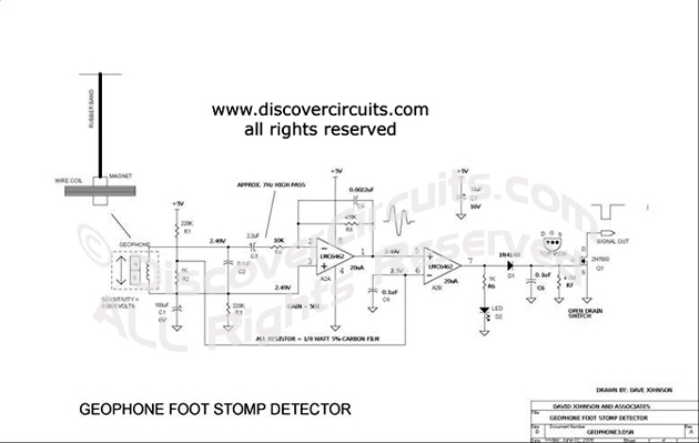 Circuit Geophone Foot Stomp Detector designed by Dave Johnson, P.E.
