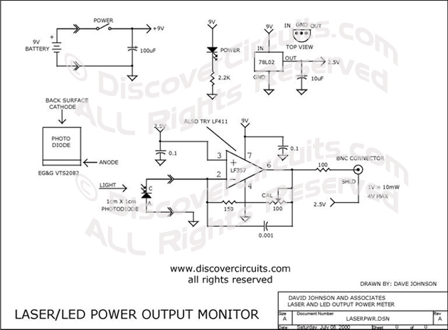 
Laser / LED Power Output Monitor , Circuit designed by David A. Johnson, P.E. (July 8, 2000)