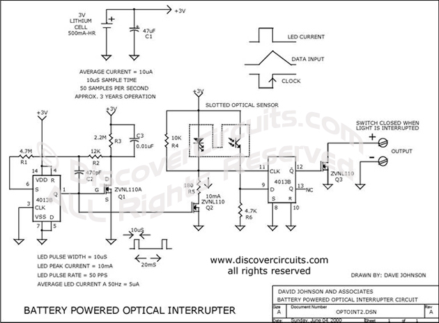 Circuit Battery Power Optical Interpreter designed by Dave Johnson, P.E. (June 4, 2000)