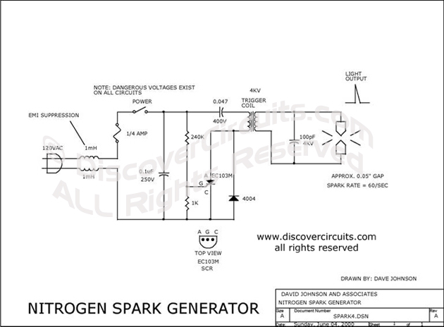 Circuit Nitrogen Spark Generator designed by Dave Johnson, P.E. (June 4, 2000)