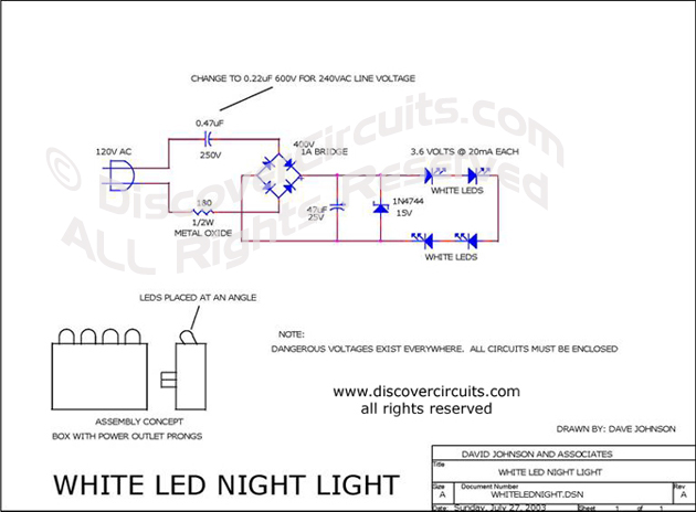
White LED Night Light , Circuit designed by David A. Johnson, P.E.  (July 27, 2003)