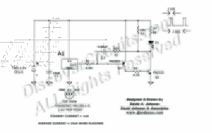 Circuit Under Voltage LED Flasher designed by David Johnson, P.E. (Dec 24, 1998)